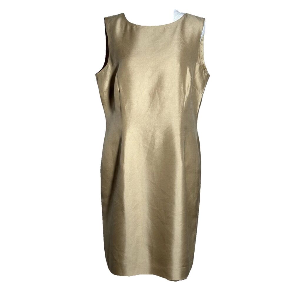 Talbots Petites 100% Silk Shift Dress Gold Sleeveless Size 14 Elegant Classic